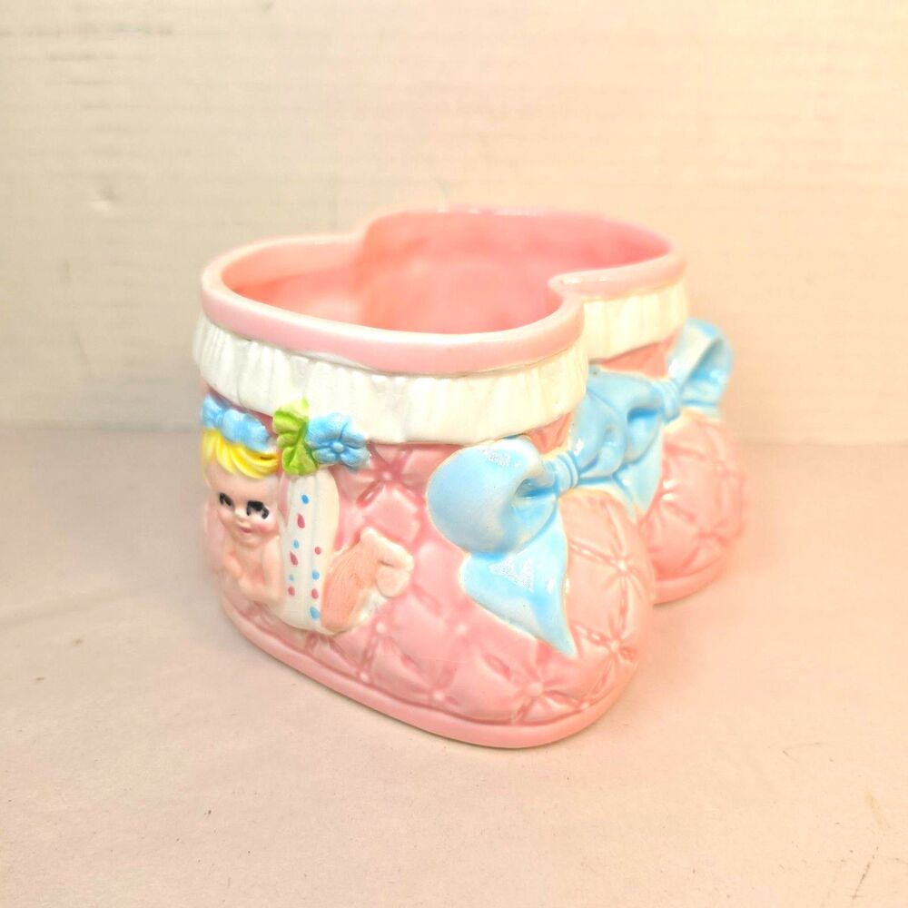 Vintage MCM Ceramic Baby Bootie Planter Vase Pink Quilted Kitschy Girl
